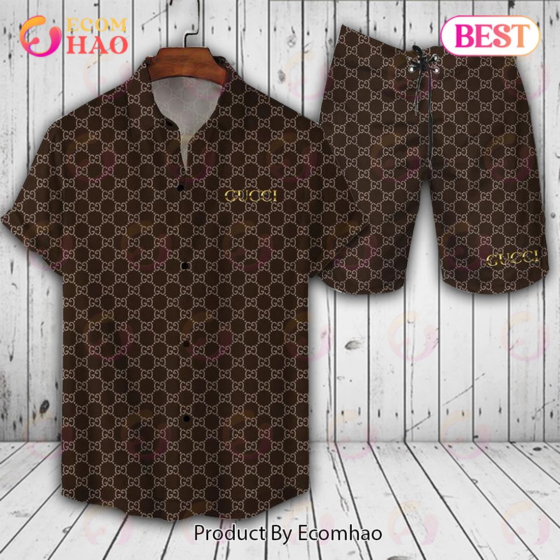 Gucci Logo Pattern Dark Brown Hawaiian Shirt And Shorts Luxury Items