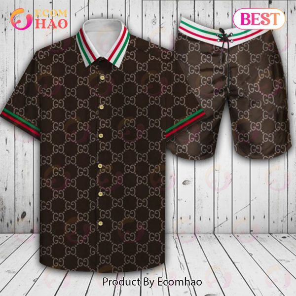 Gucci Logo Pattern Dark Color Hawaiian Shirt And Shorts