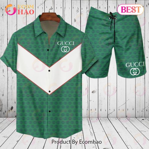 Gucci Logo Pattern Green White GC Hawaiian Shirt And Shorts