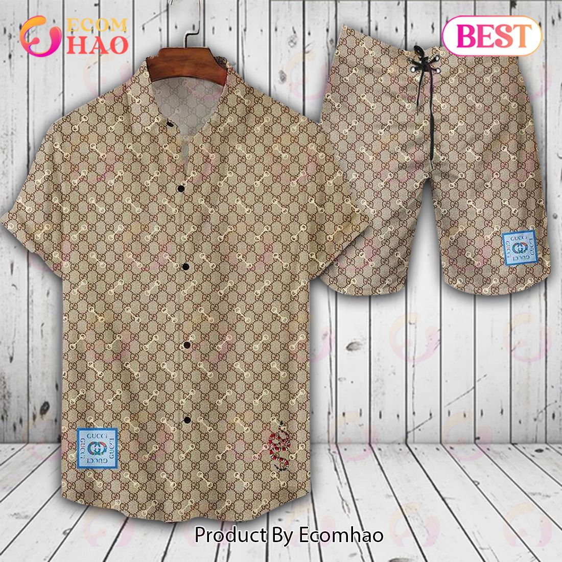 Gucci Logo Pattern Hot Trend Summer Brown Color GC Hawaiian Shirt And Shorts Luxury Items