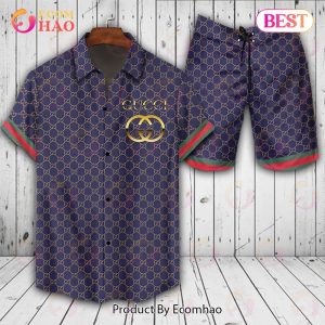 Gucci Logo Pattern Violet GC Hawaiian Shirt And Shorts