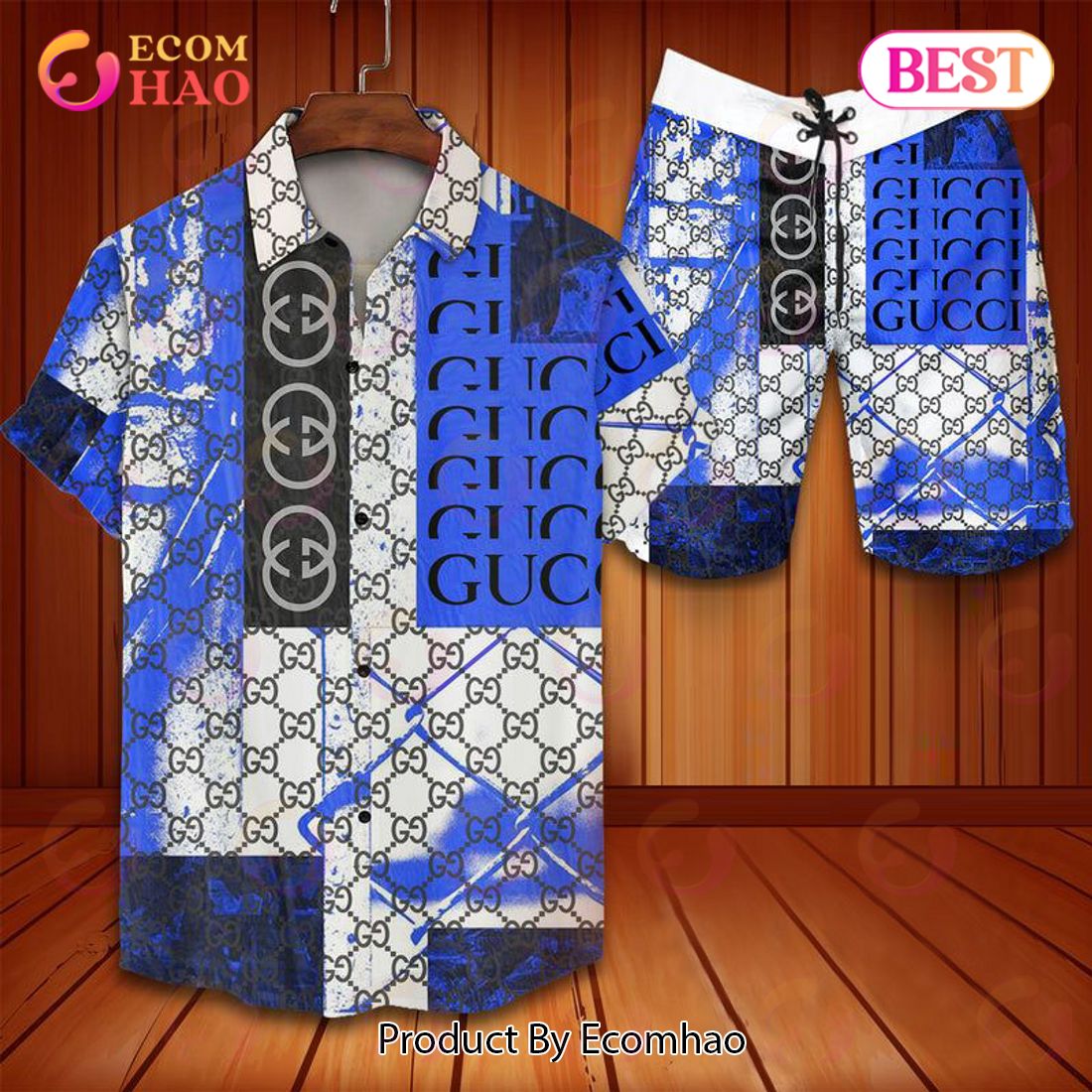 Gucci Logo Pattern White Blue Hawaiian Shirt And Shorts Luxury Items