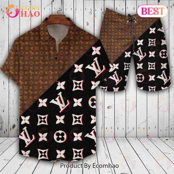 Louis Vuitton Logo Pattern Brown Black LV Hawaiian Shirt And Shorts