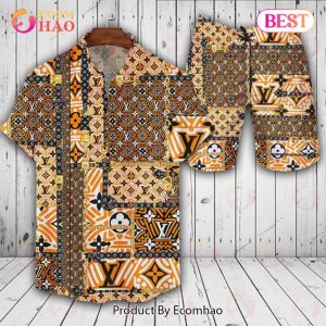 Louis Vuitton Logo Pattern Brown Mix Orange  LV Hawaiian Shirt And Shorts