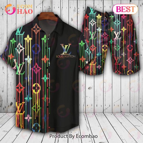 Louis Vuitton Logo Pattern Flower Black Mix Color LV Hawaiian Shirt And Shorts