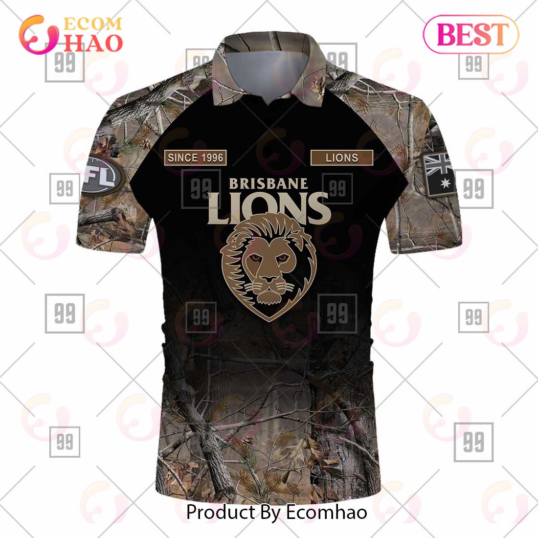 Personalized Camouflage AFL Brisbane Lions Hunting Polo Shirt