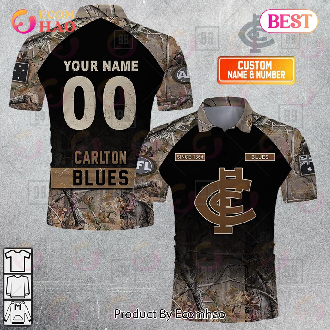 Personalized Camouflage AFL Carlton Blues Hunting Polo Shirt