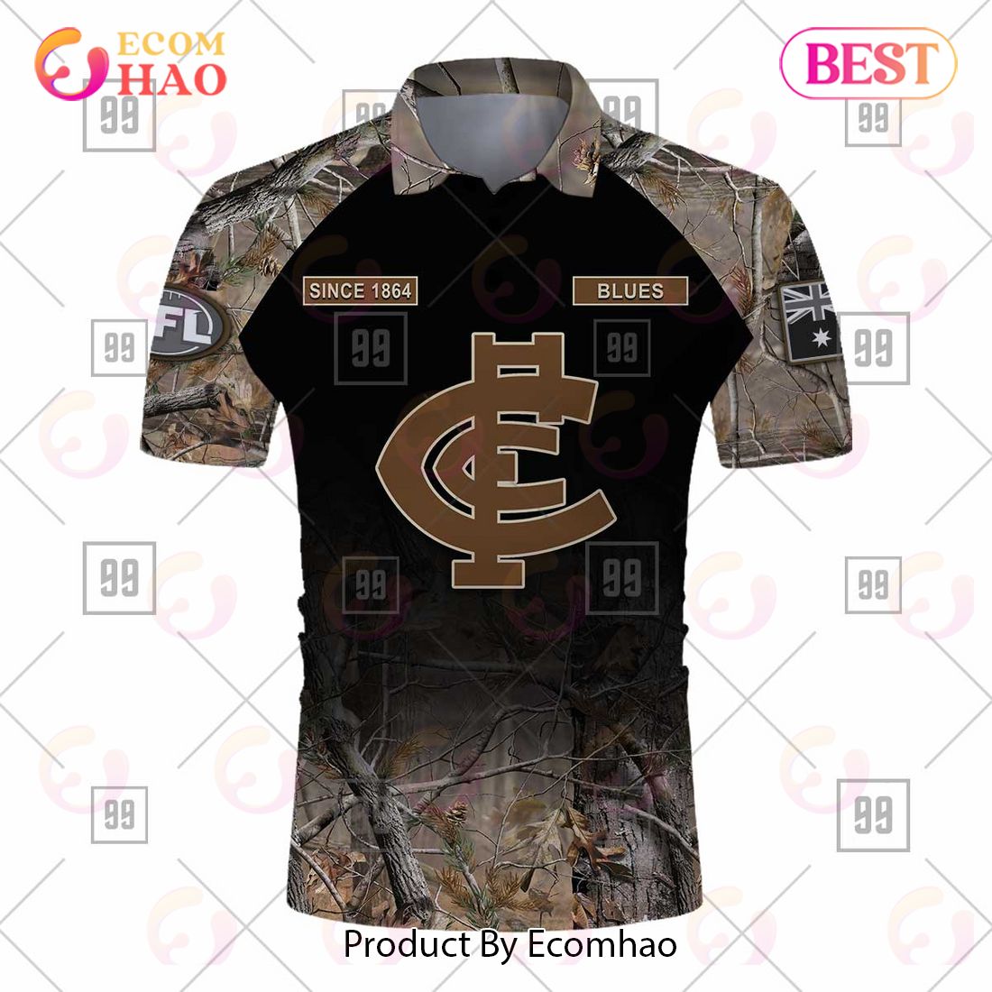 Personalized Camouflage AFL Carlton Blues Hunting Polo Shirt