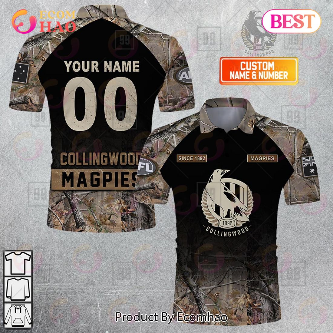 Personalized Camouflage AFL Collingwood Magpies Hunting Polo Shirt