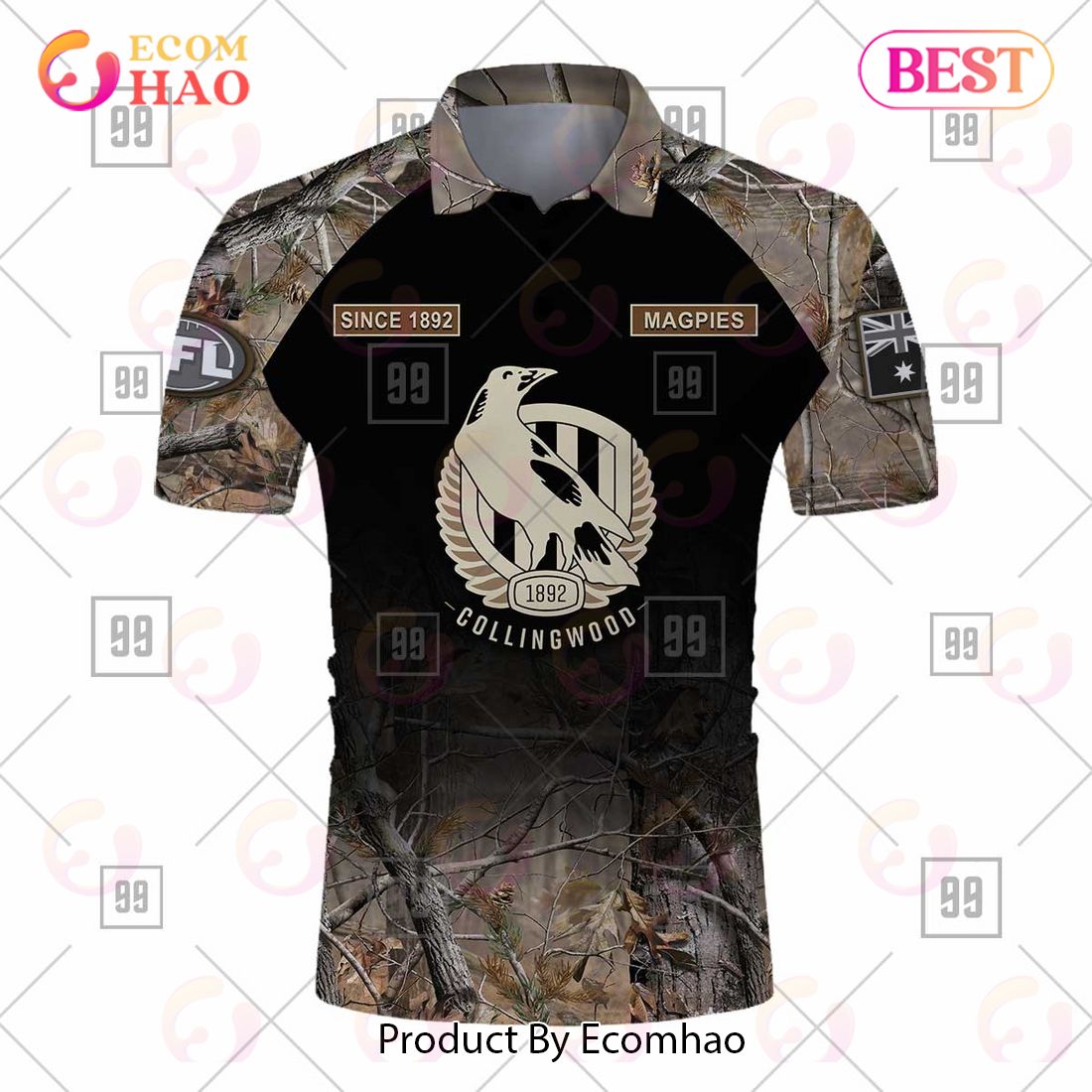 Personalized Camouflage AFL Collingwood Magpies Hunting Polo Shirt