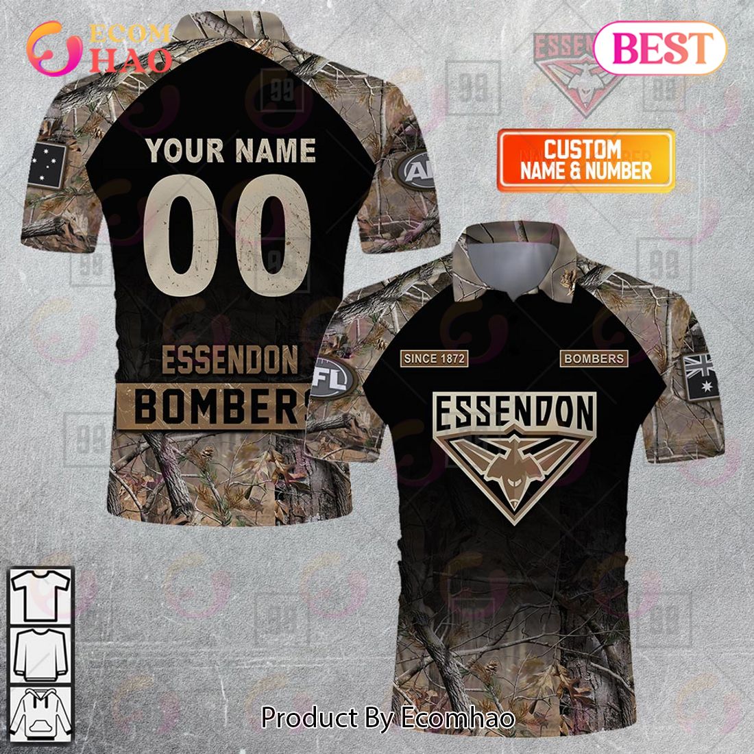 Personalized Camouflage AFL Essendon Bombers Hunting Polo Shirt