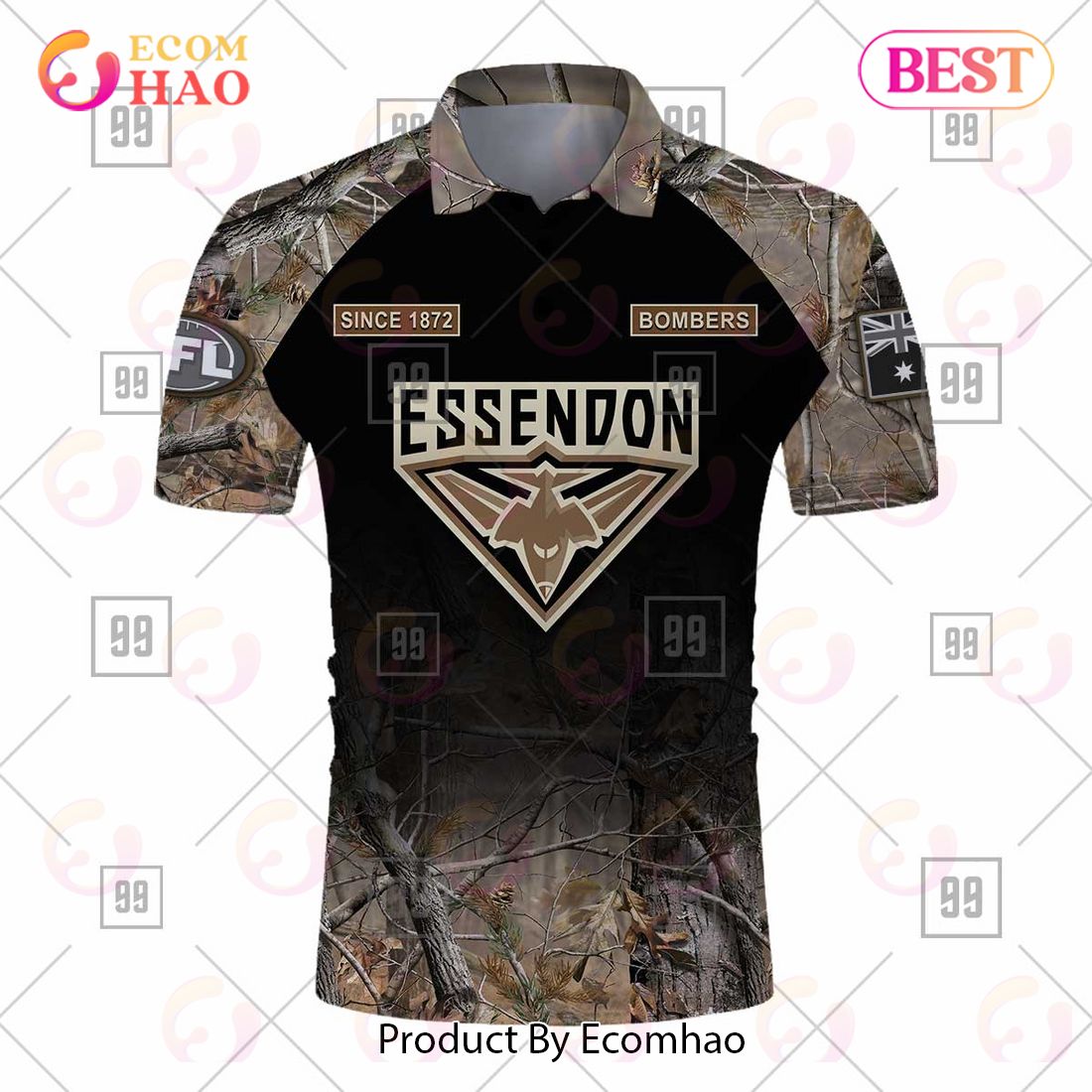 Personalized Camouflage AFL Essendon Bombers Hunting Polo Shirt