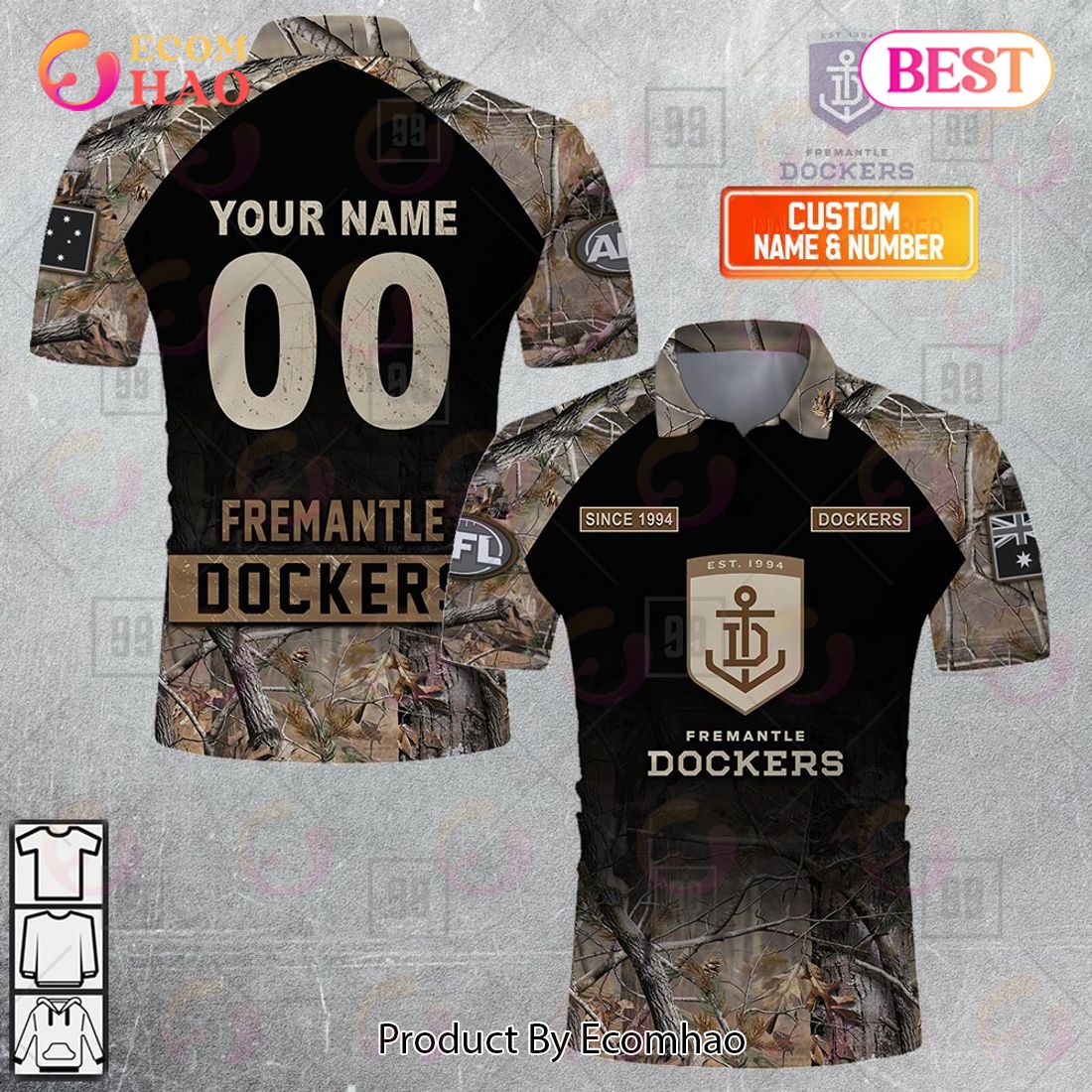 Personalized Camouflage AFL Fremantle Dockers Hunting Polo Shirt