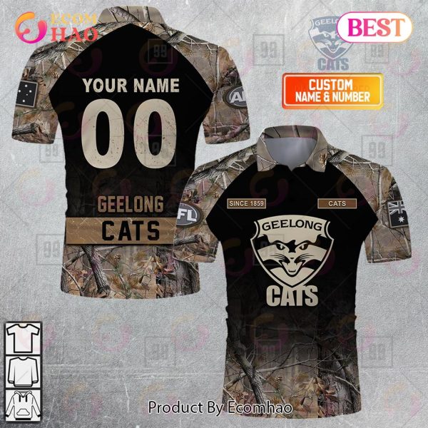 Personalized Camouflage AFL Geelong Cats Hunting Polo Shirt