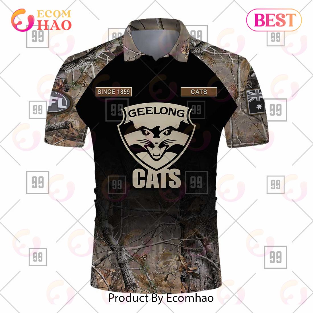 Personalized Camouflage AFL Geelong Cats Hunting Polo Shirt