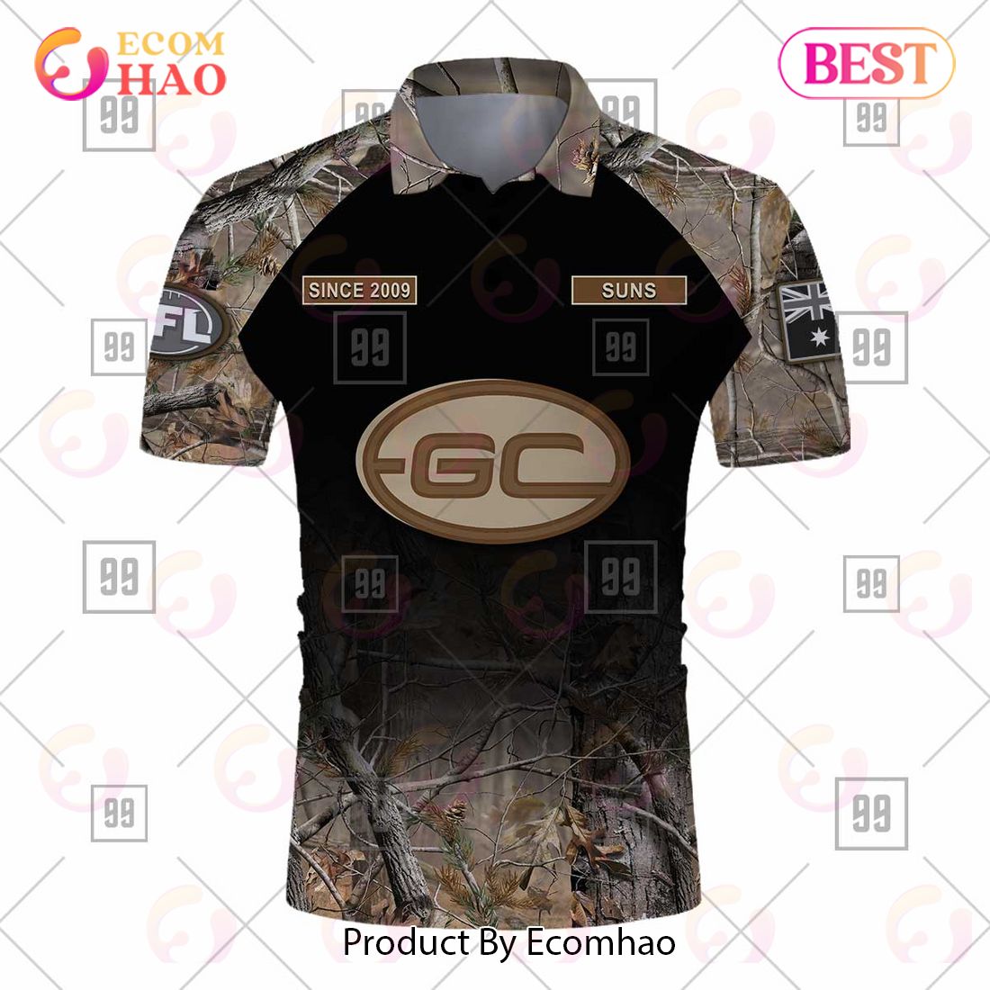 Personalized Camouflage AFL Gold Coast Suns Hunting Polo Shirt