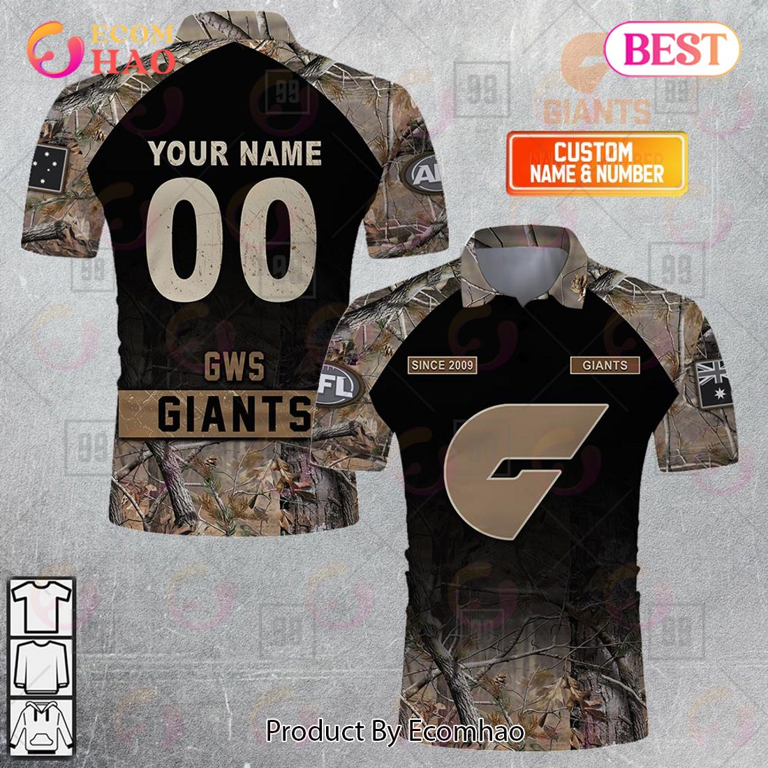 Personalized Camouflage AFL Greater Western Sydney Giants Hunting Polo Shirt