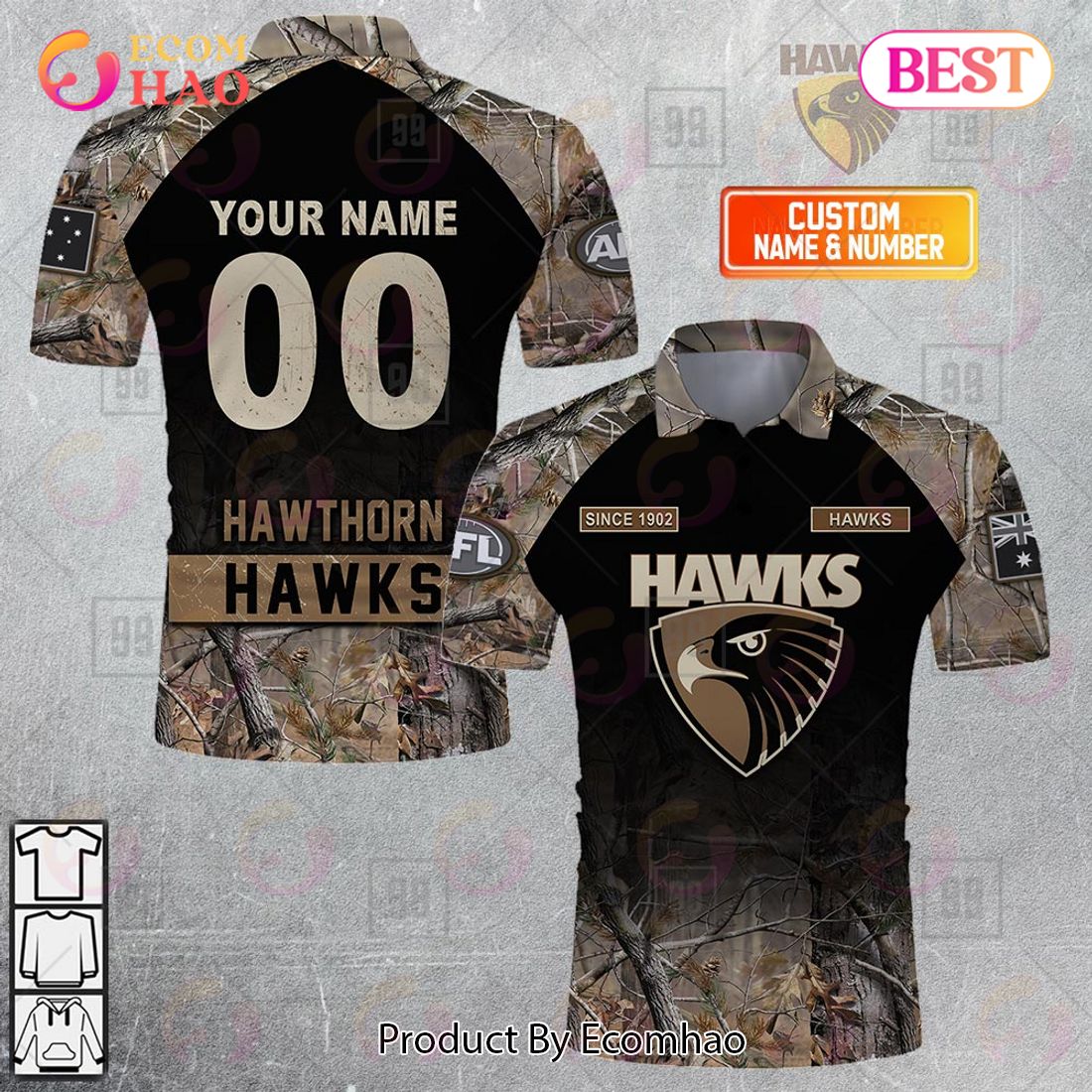 Personalized Camouflage AFL Hawthorn Hawks Hunting Polo Shirt