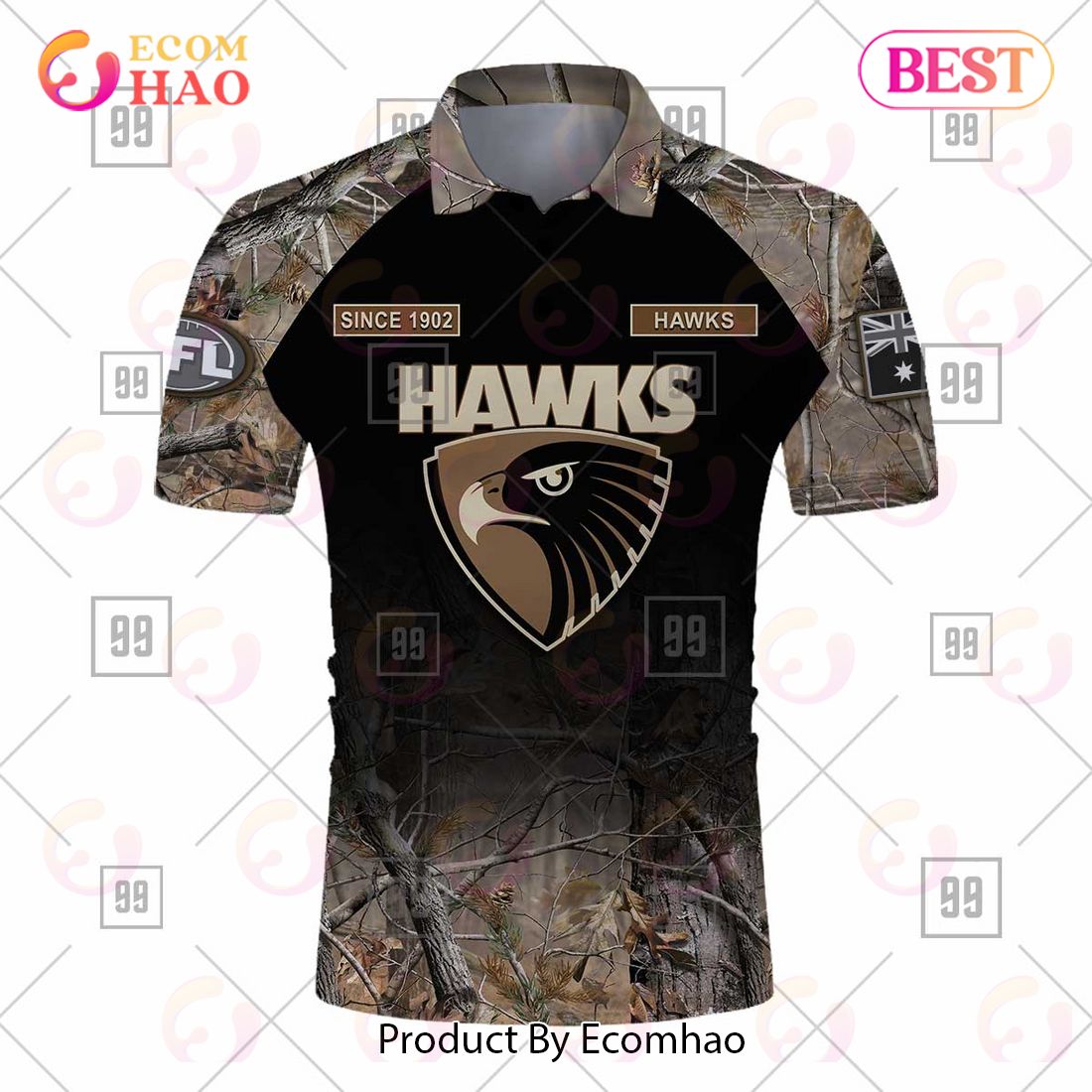 Personalized Camouflage AFL Hawthorn Hawks Hunting Polo Shirt