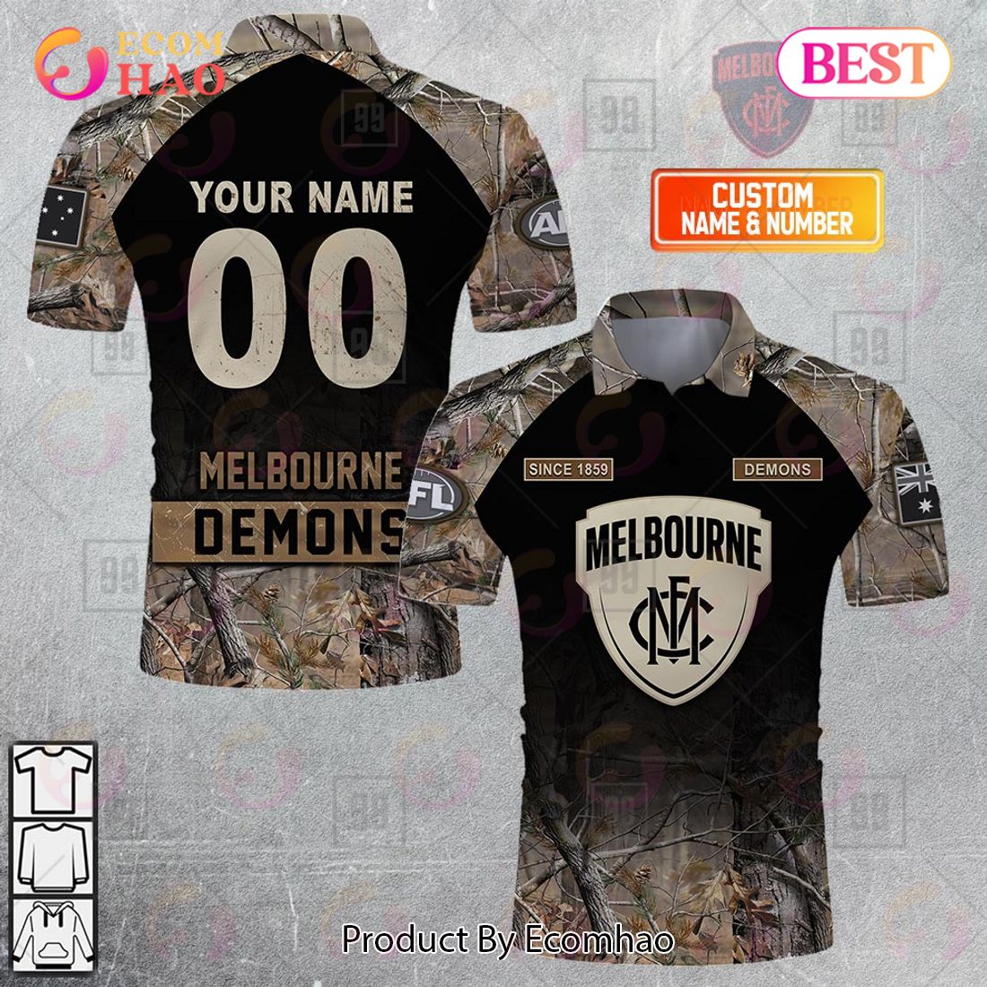 Personalized Camouflage AFL Melbourne Demons Hunting Polo Shirt