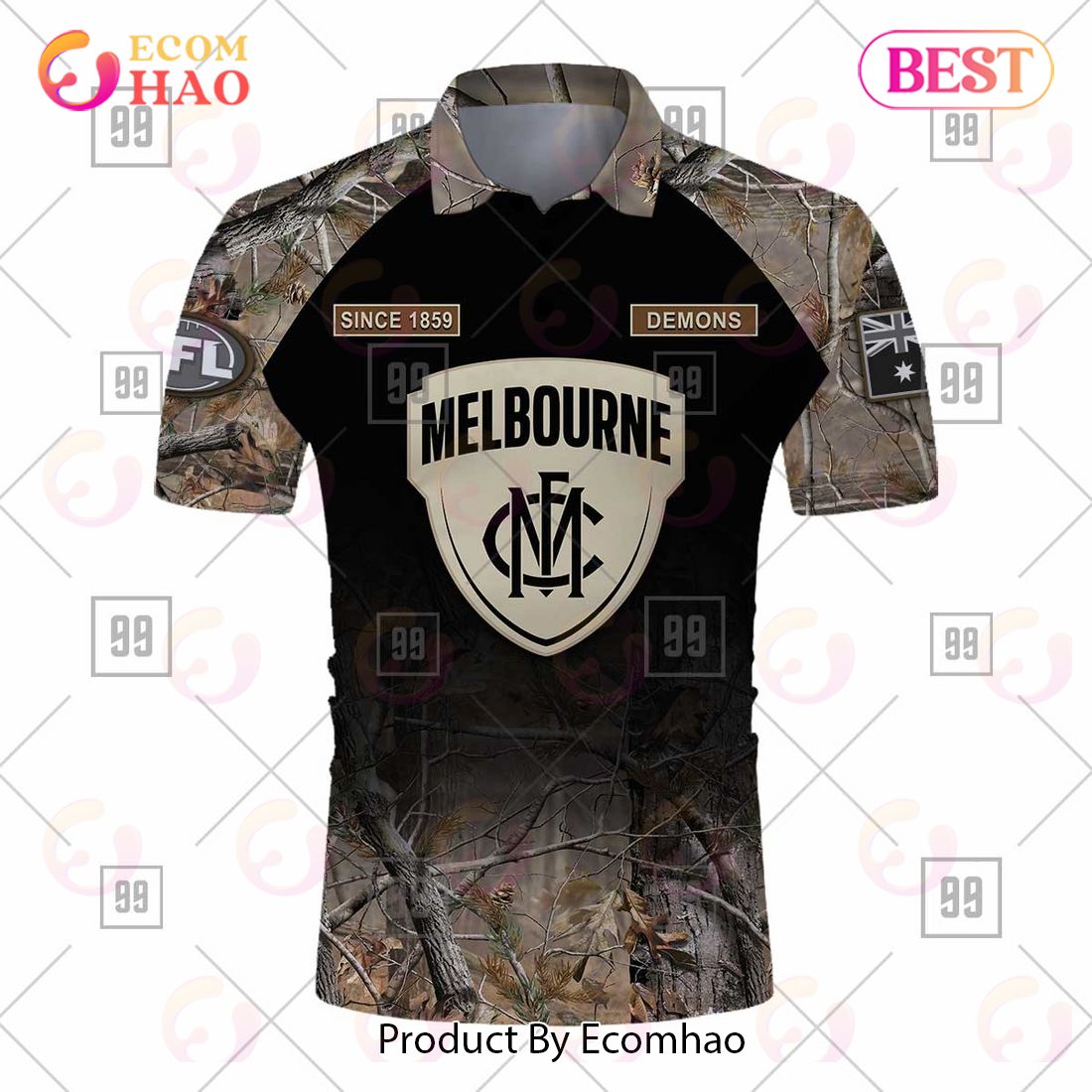 Personalized Camouflage AFL Melbourne Demons Hunting Polo Shirt