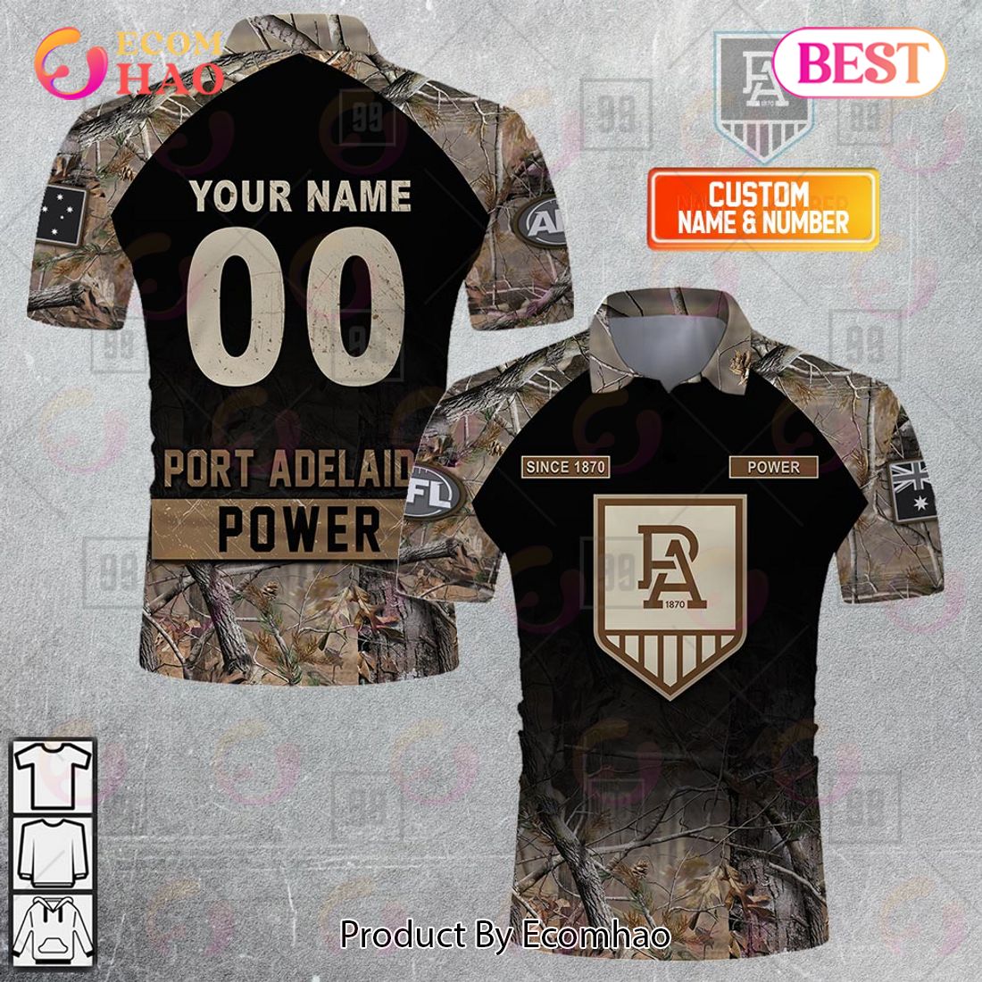 Personalized Camouflage AFL Port Adelaide Power Hunting Polo Shirt