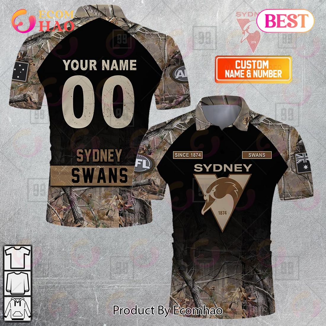 Personalized Camouflage AFL Sydney Swans Hunting Polo Shirt