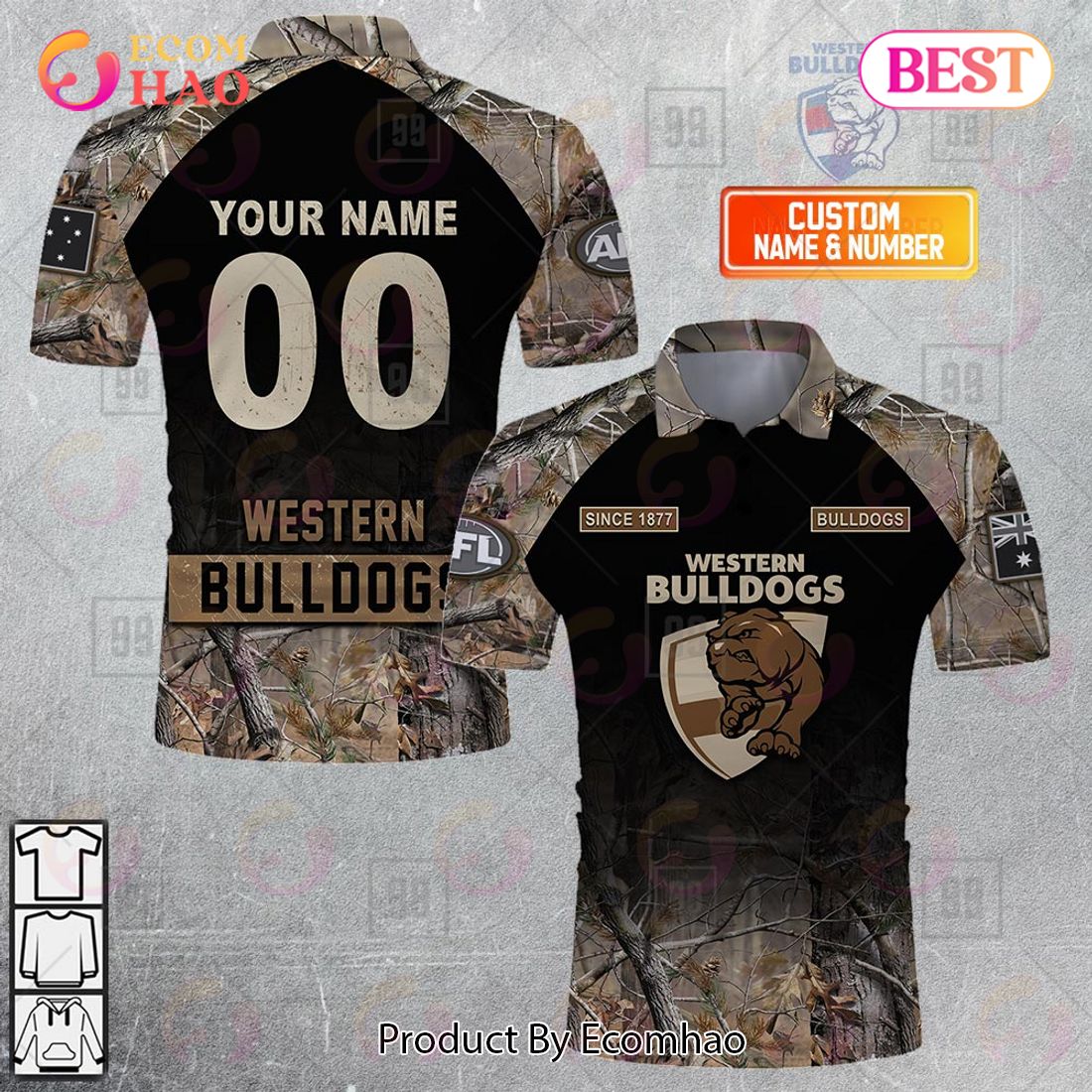 Personalized Camouflage AFL Western Bulldogs Hunting Polo Shirt