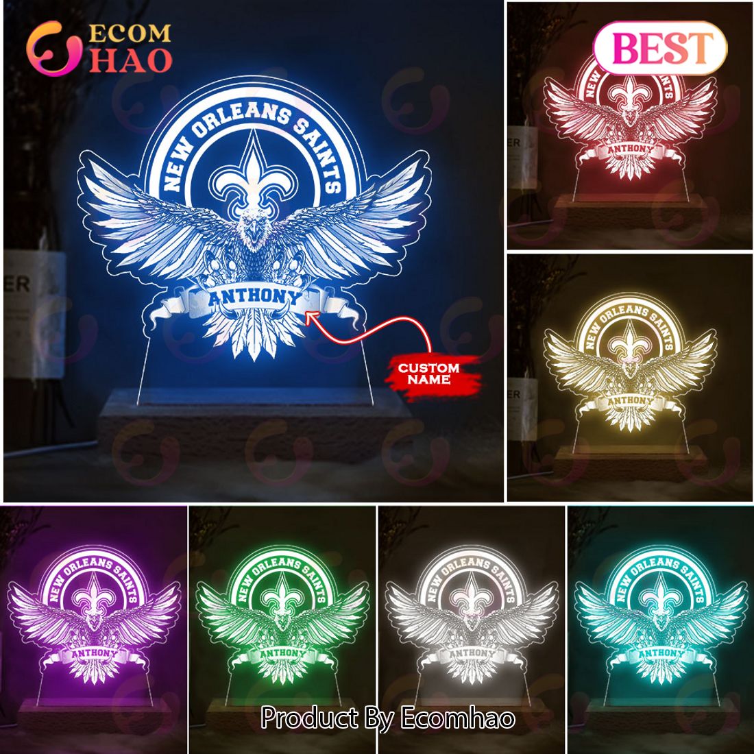 NFL New Orleans Saints Custom Name Arcylic LED Night Light Lamp