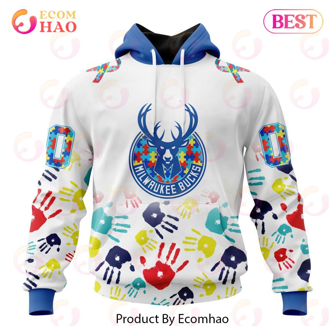 NBA Milwaukee Bucks Autism Awareness Hands Design 3D Hoodie