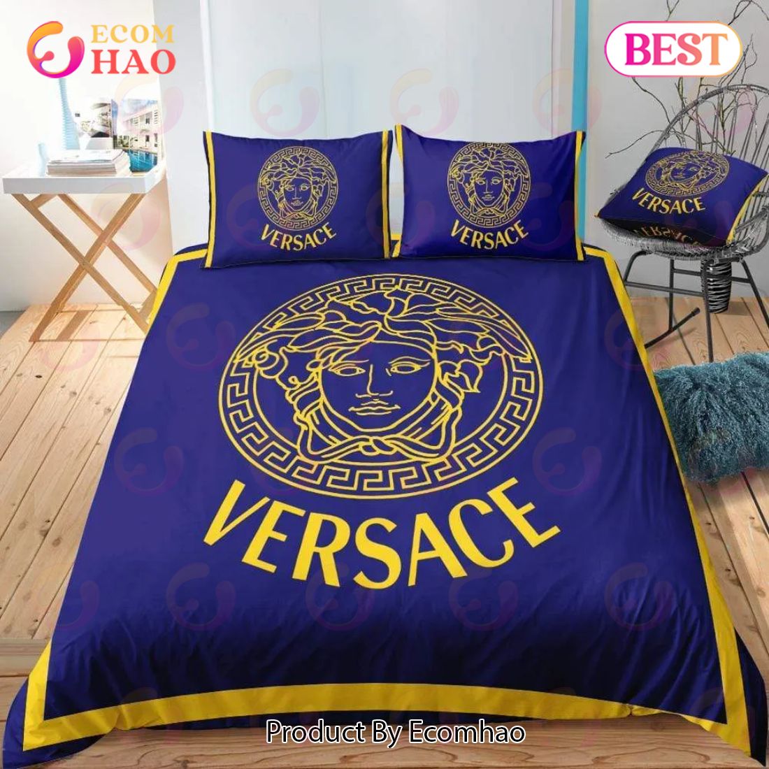 Gold Medusa Versace Logo Luxury Brand High End Premium Bedding Set For Bedroom Luxury Bedspread Duvet Cover Set With Pillowcases Home Decoration