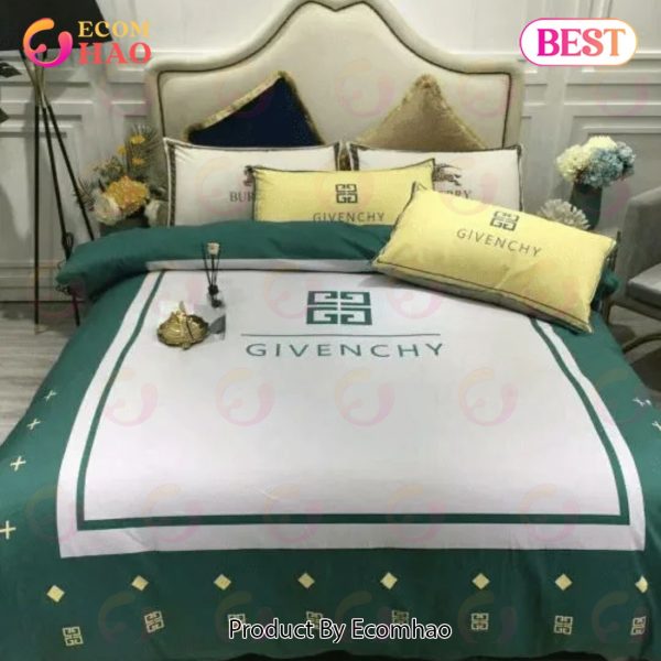 Green White Givenchy Logo Luxury Brand High End Premium Bedding Set For Bedroom Luxury Bedspread Duvet Cover Set With Pillowcases Home Decoration