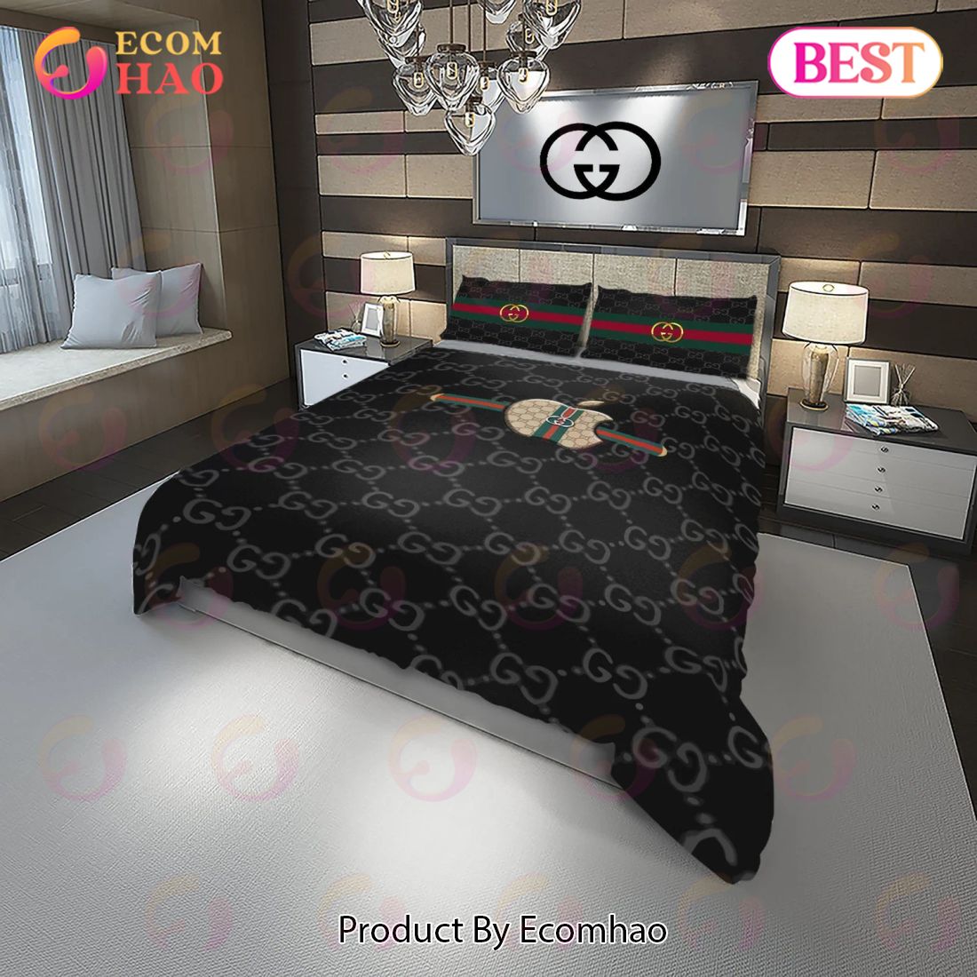 Gucci Apple Fashion Logo Luxury Brand Premium Bedding Sets Bedroom Decor Thanksgiving Decorations For Home Luxury Items