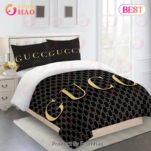 Gucci Bedding Set Black Grey Gold Luxury Bed Sheets Home Decoration
