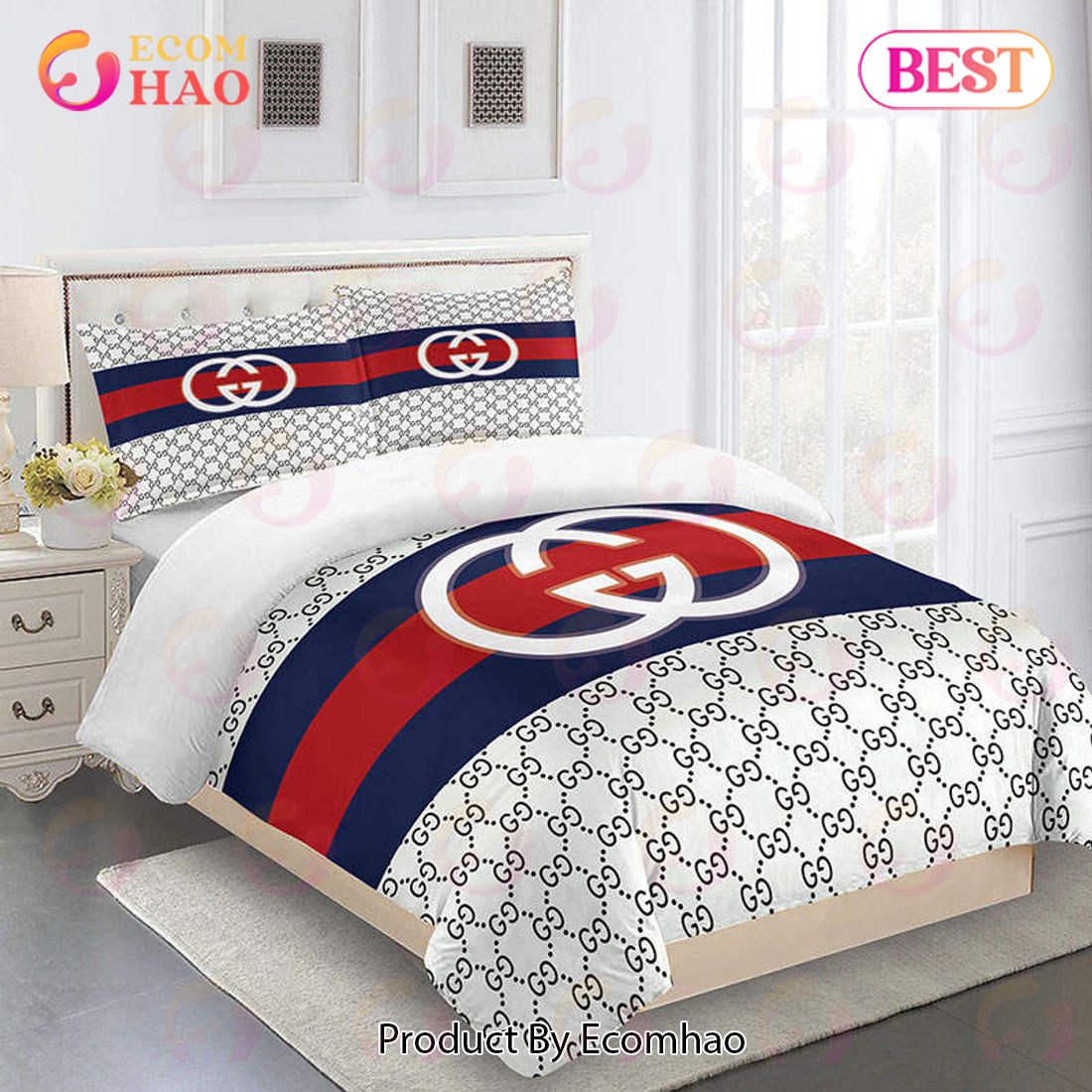 Gucci Bedding Set Black White And Red Logo Luxury Bed Sheets Home Decoration Bedding Sets Luxury Items