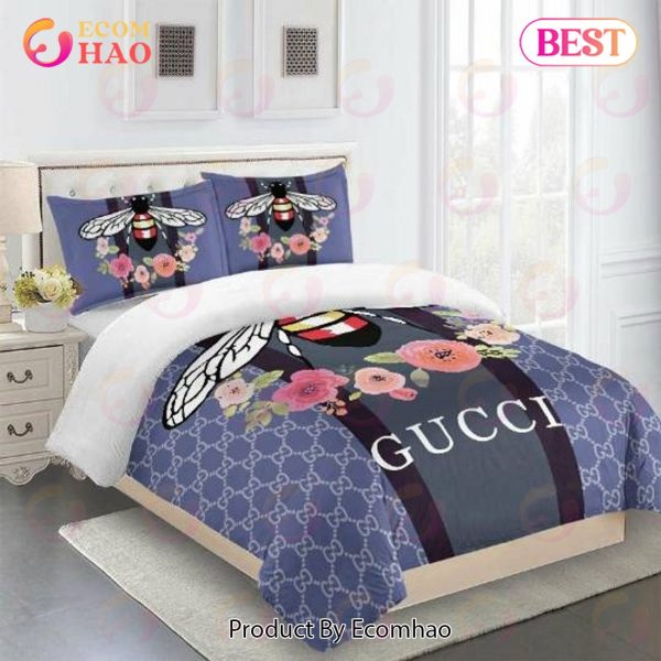 Gucci Bedding Set Blue And Flowers Fly Luxury Bed Sheets Home Decoration