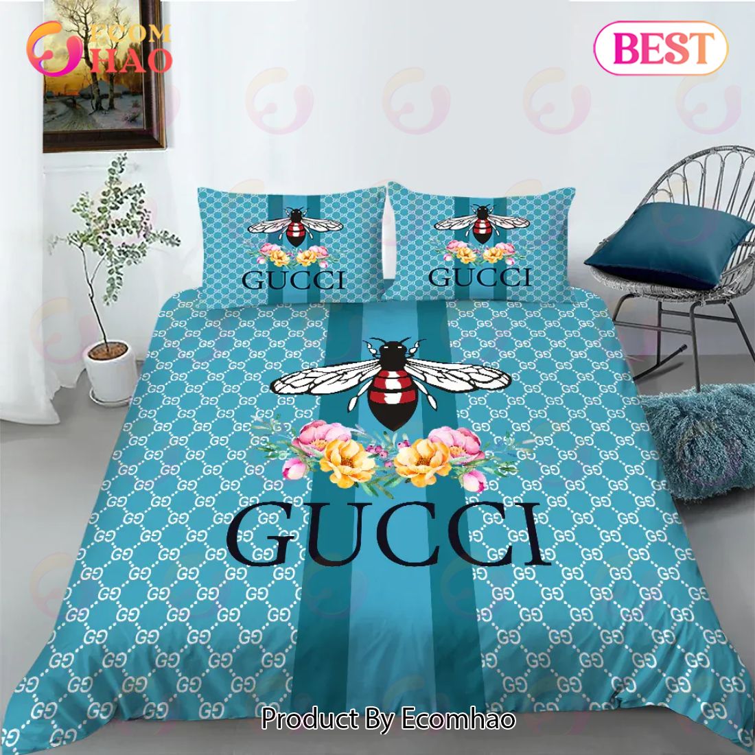 Gucci Bee Flowers Blue Luxury Fashion Brand Bedding Sets Bedspread Duvet Cover Set Best Luxury Bed Sets Luxury Items