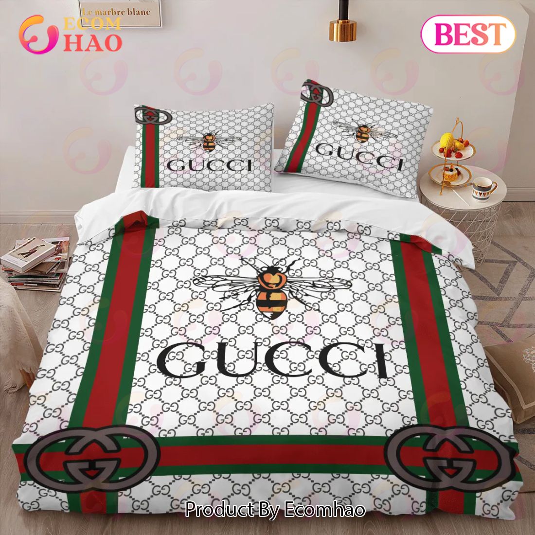 Gucci Bee White Luxury Brand High-End Bedding Sets Bedroom Decor Thanksgiving Decorations For Home Best Luxury Bed Sets Luxury Items