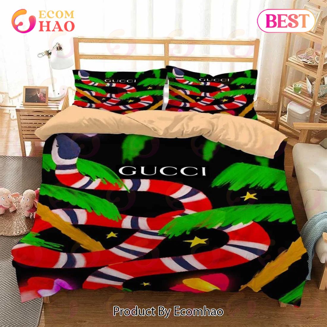 Louis Vuitton And Bugs Bunny Gucci Snake Dark Brown Bedding Set