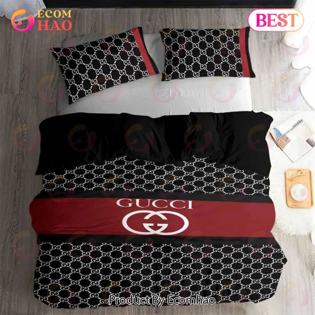 Gucci Black Dots Logo 3D Printed Bedding Sets Quilt Sets Duvet Cover Luxury Brand Bedding Decor Bedroom Sets Best Luxury Bed Sets Luxury Items