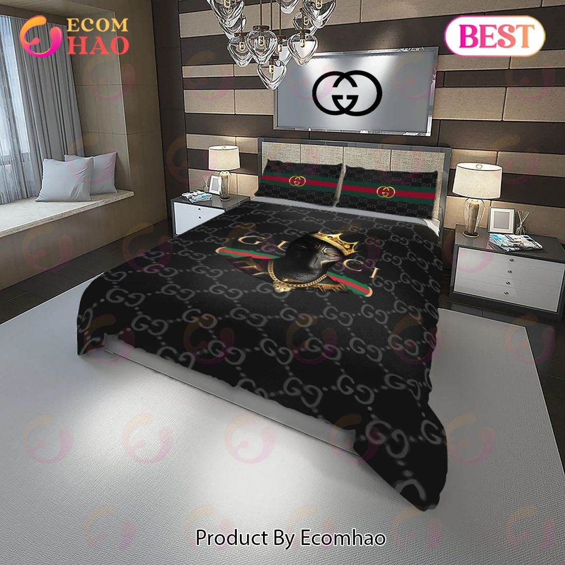 Gucci Black Panther Fashion Logo Luxury Brand Premium Bedding Sets Bedroom Decor Thanksgiving Decorations For Home Luxury Items