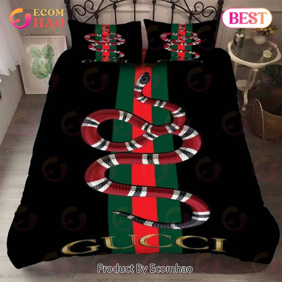 Louis Vuitton And Bugs Bunny Gucci Snake Dark Brown Bedding Set