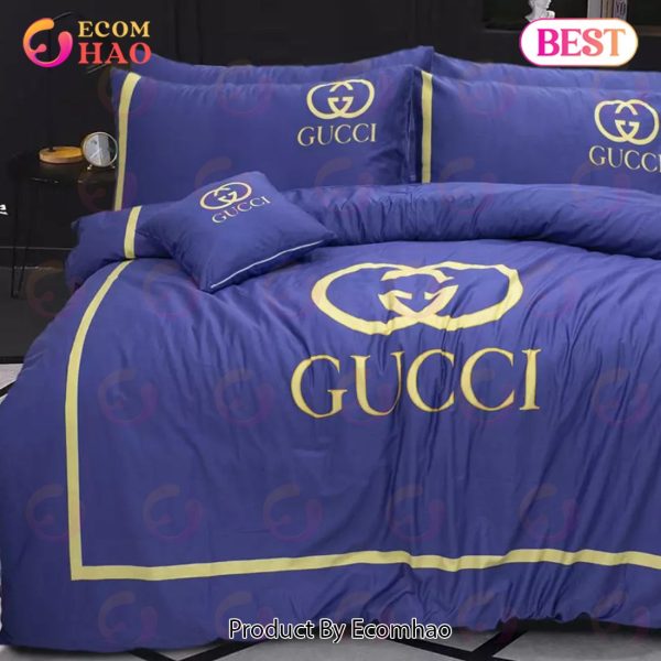 Gucci Blue Fashion Logo Luxury Brand Bedding Sets Bedroom Decor Thanksgiving Decorations For Home