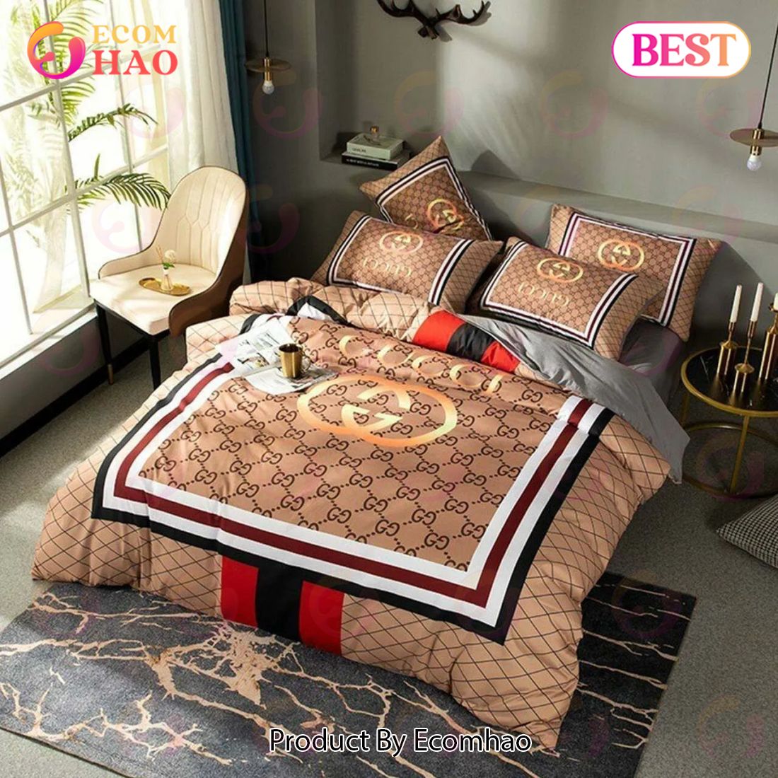 Louis Vuitton And Bugs Bunny Gucci Snake Dark Brown Bedding Set