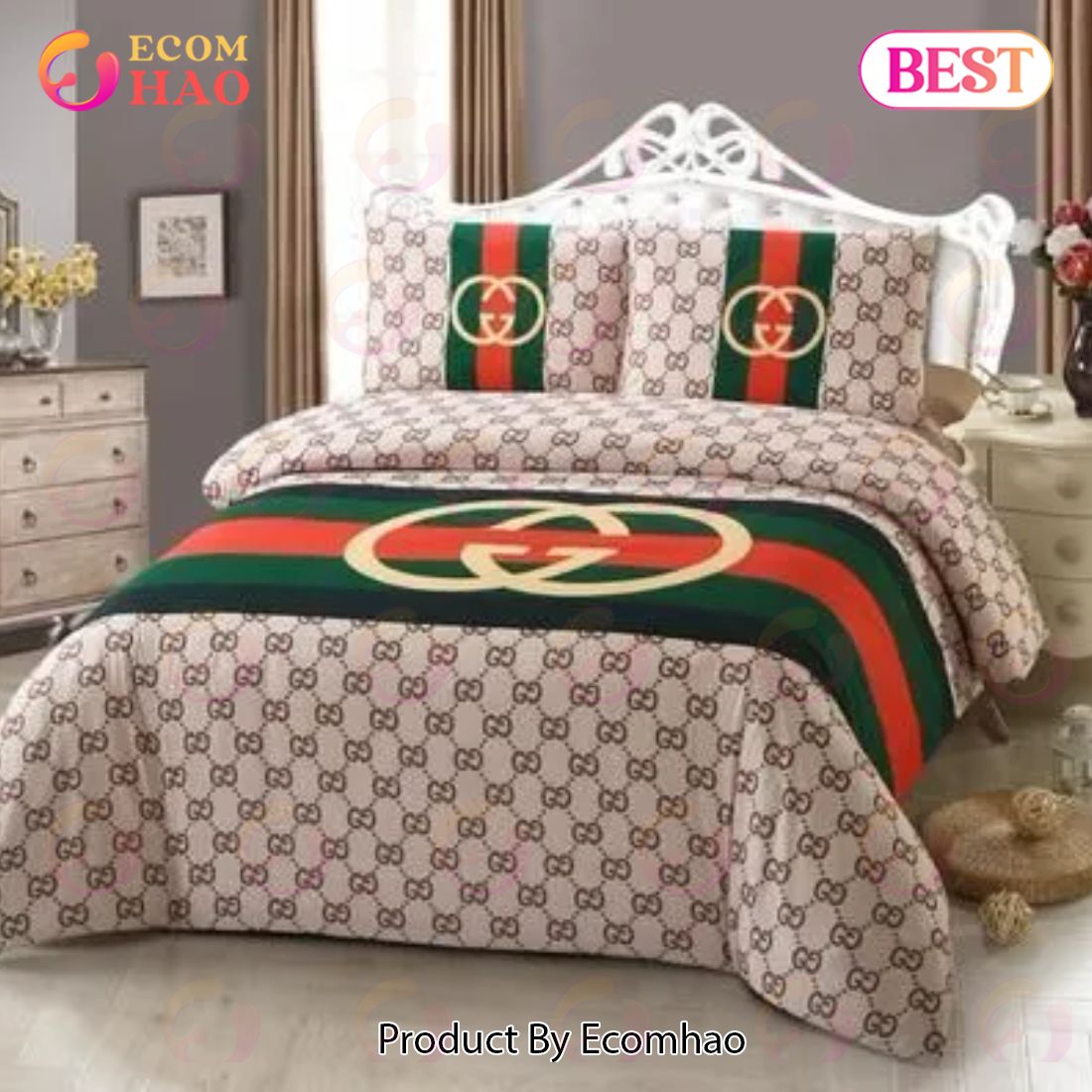 Gucci Brown Stripe Luxury Brand High-End Bedding Sets Bedroom Decor Thanksgiving Decorations For Home Best Luxury Bed Sets – DD91 Luxury Items