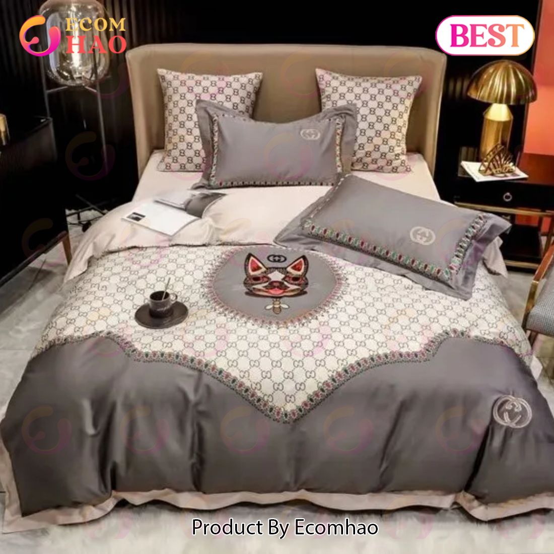 Gucci Cat Grey Luxury Brand Bedding Sets Bedspread Duvet Cover Set Bedroom Decor Thanksgiving Decorations For Home Best Luxury Bed Sets Luxury Items