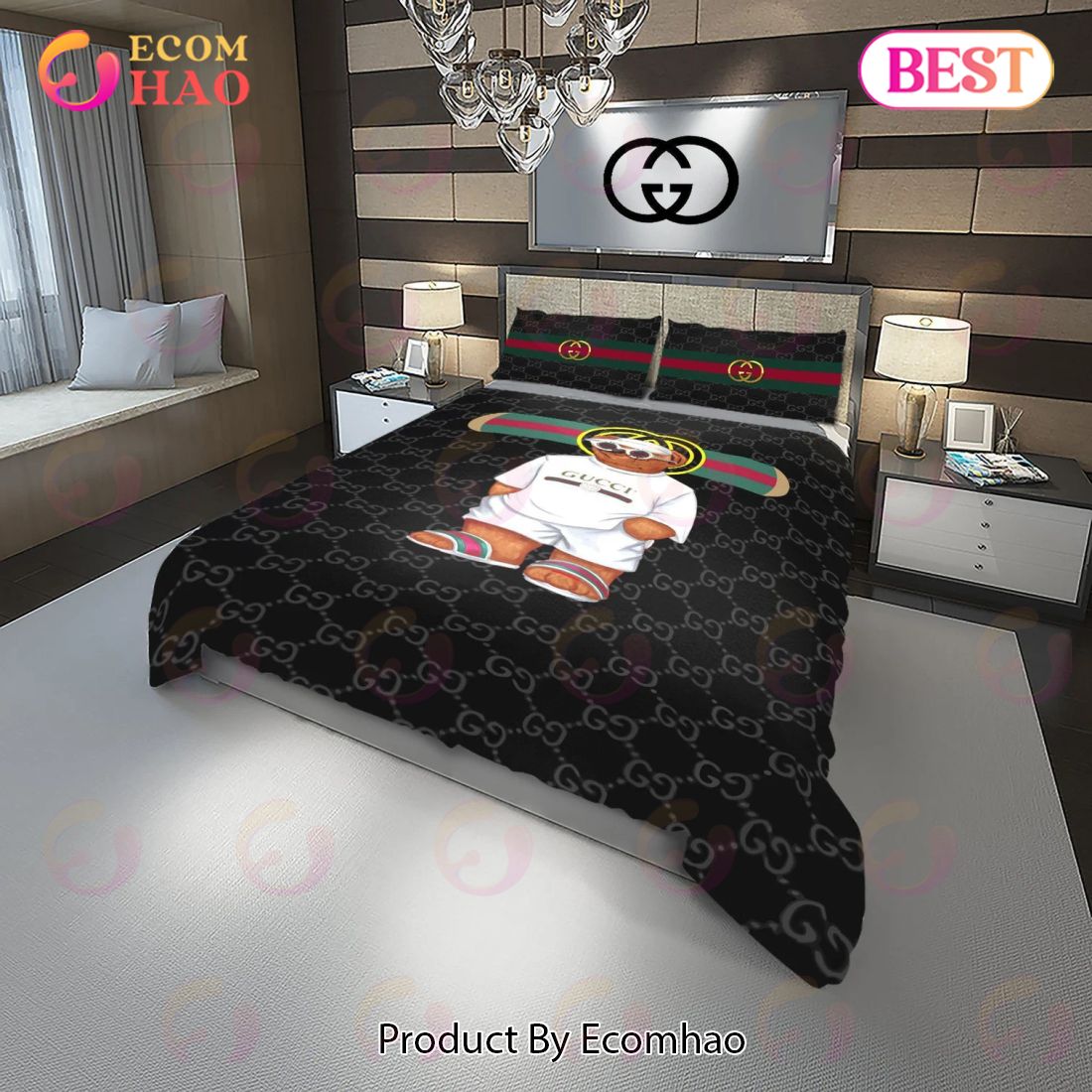 Gucci Cute Bear Fashion Logo Luxury Brand Premium Bedding Sets Bedroom Decor Thanksgiving Decorations For Home Luxury Items