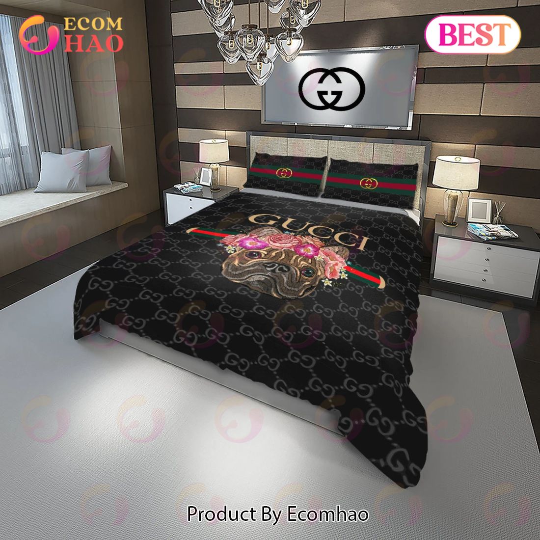 Gucci Doggy And Flowers Fashion Logo Luxury Brand Premium Bedding Setsbed  Sets Bedroom Sets Comforter Sets Duvet Cover Bedspread - Ecomhao Store