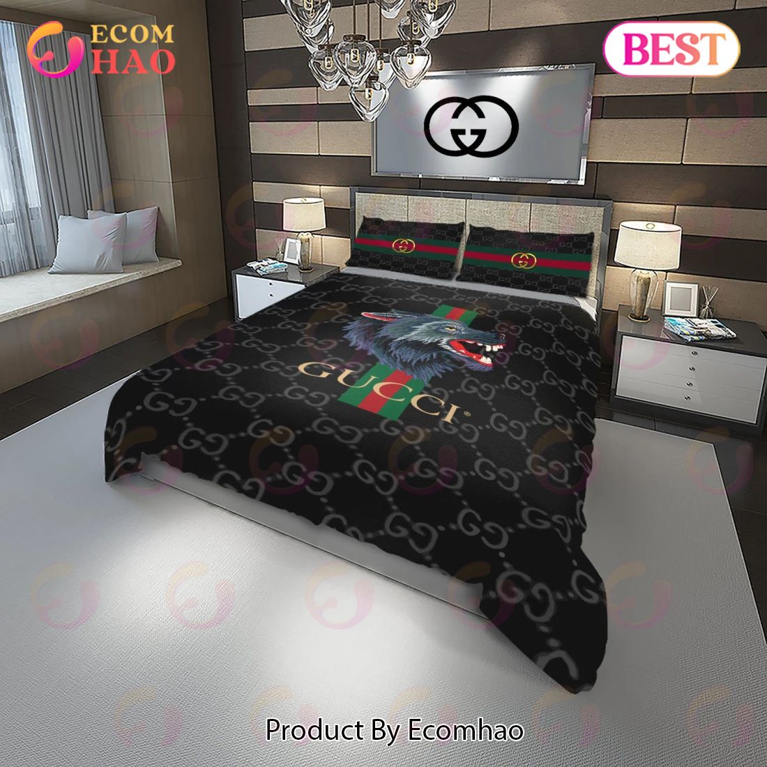 Gucci Wolf Fashion Logo Luxury Brand Premium Bedding Sets Bedroom Decor Thanksgiving Decorations For Home Luxury Items