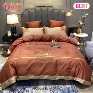 Hermes Logo Golden Luxury Brand Bedding Set For Bedroom Luxury Bedspread Duvet Cover Set With Pillowcases Home Decoration